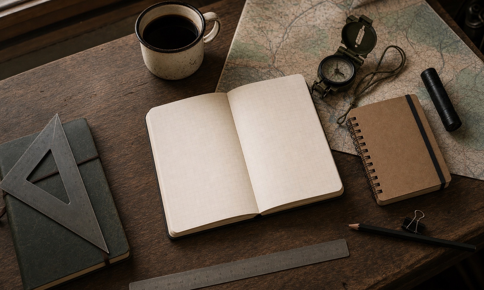 Field desk with maps, notebooks, compass and coffee.