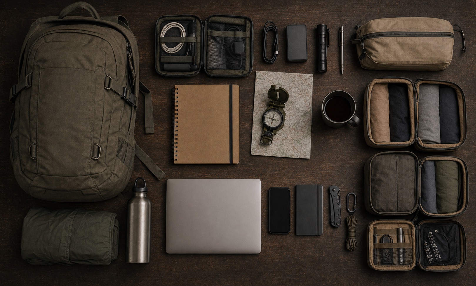 Backpack and field equipment arranged neatly on a wooden table.