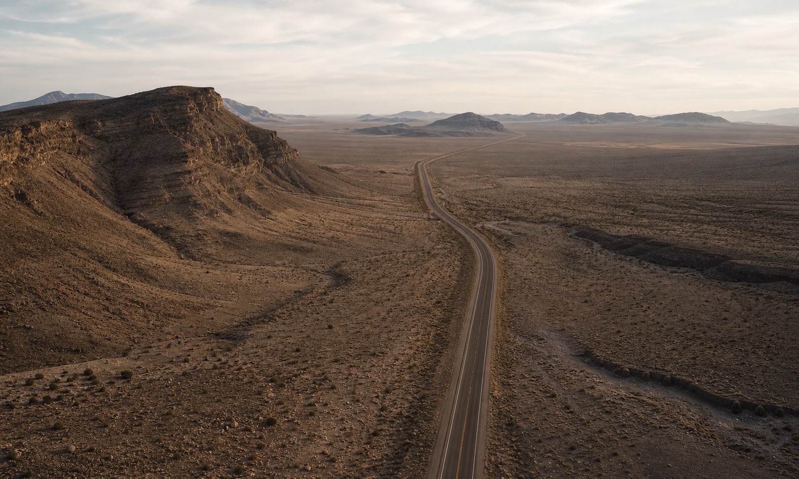 Remote desert highway stretching through rugged terrain.