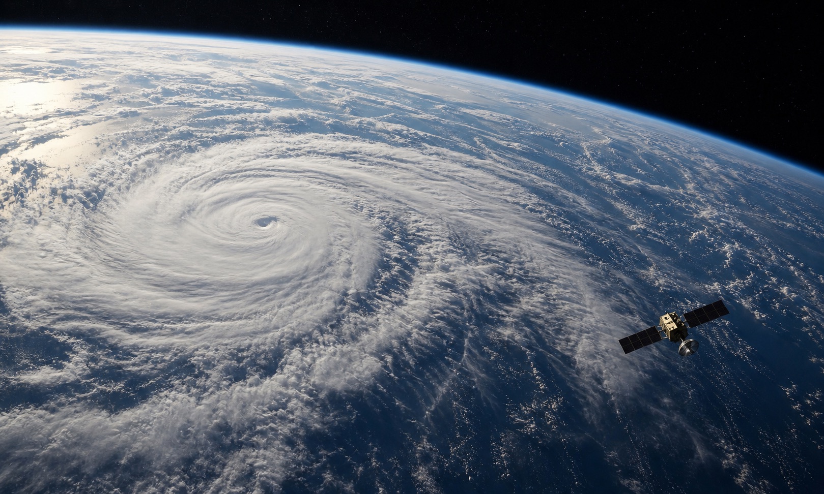 Earth seen from orbit with a storm system and satellite.