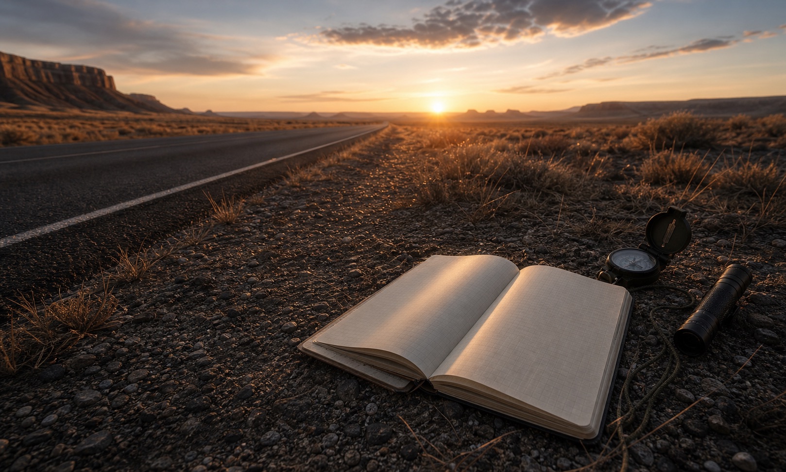 Open notebook beside a remote road at sunset.