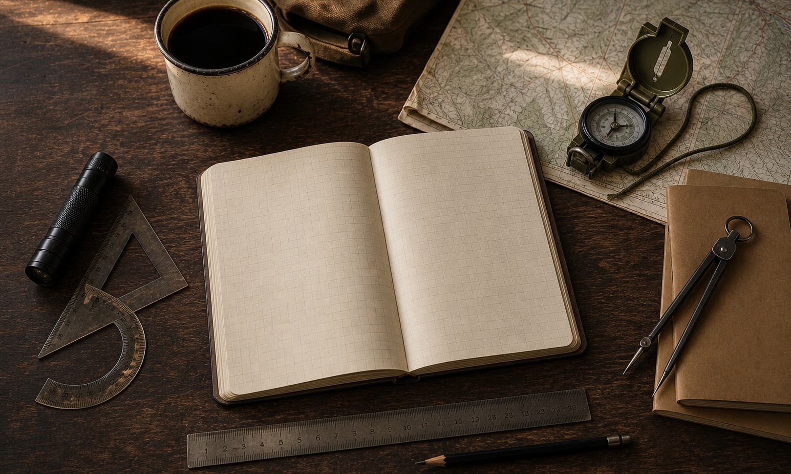 Open notebook with sketches, compass and drafting tools on a wooden desk.